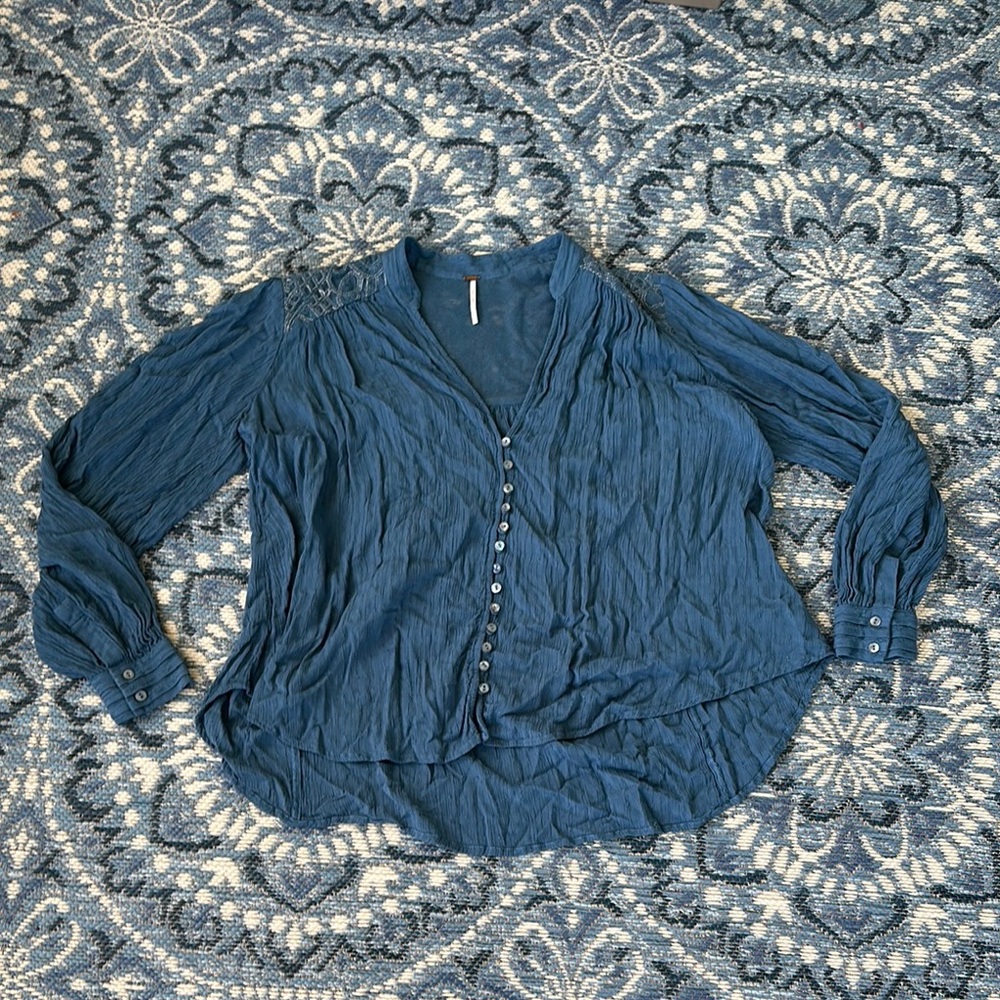 Free People Blue Oversized Button Blouse